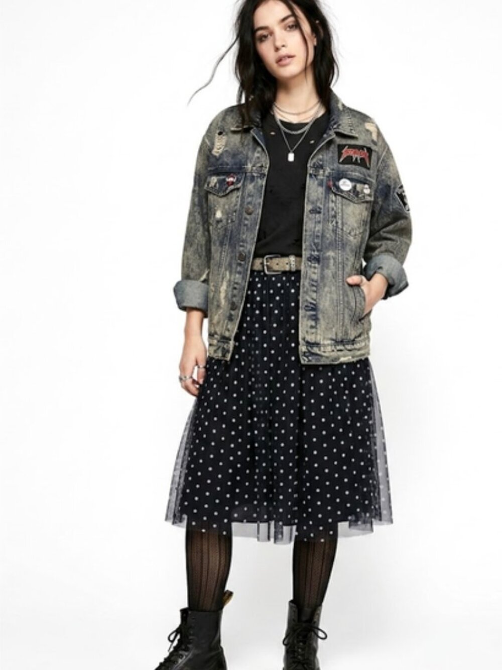 C. Est 1946 Polka Dot Tulle Mesh Midi Skirt Navy Blue White, A-line, size Large
